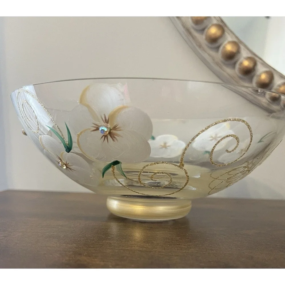 Madigan Australia Hand Painted Art Glass Floral‎ Bowl Gold Rhinestone Cottage
